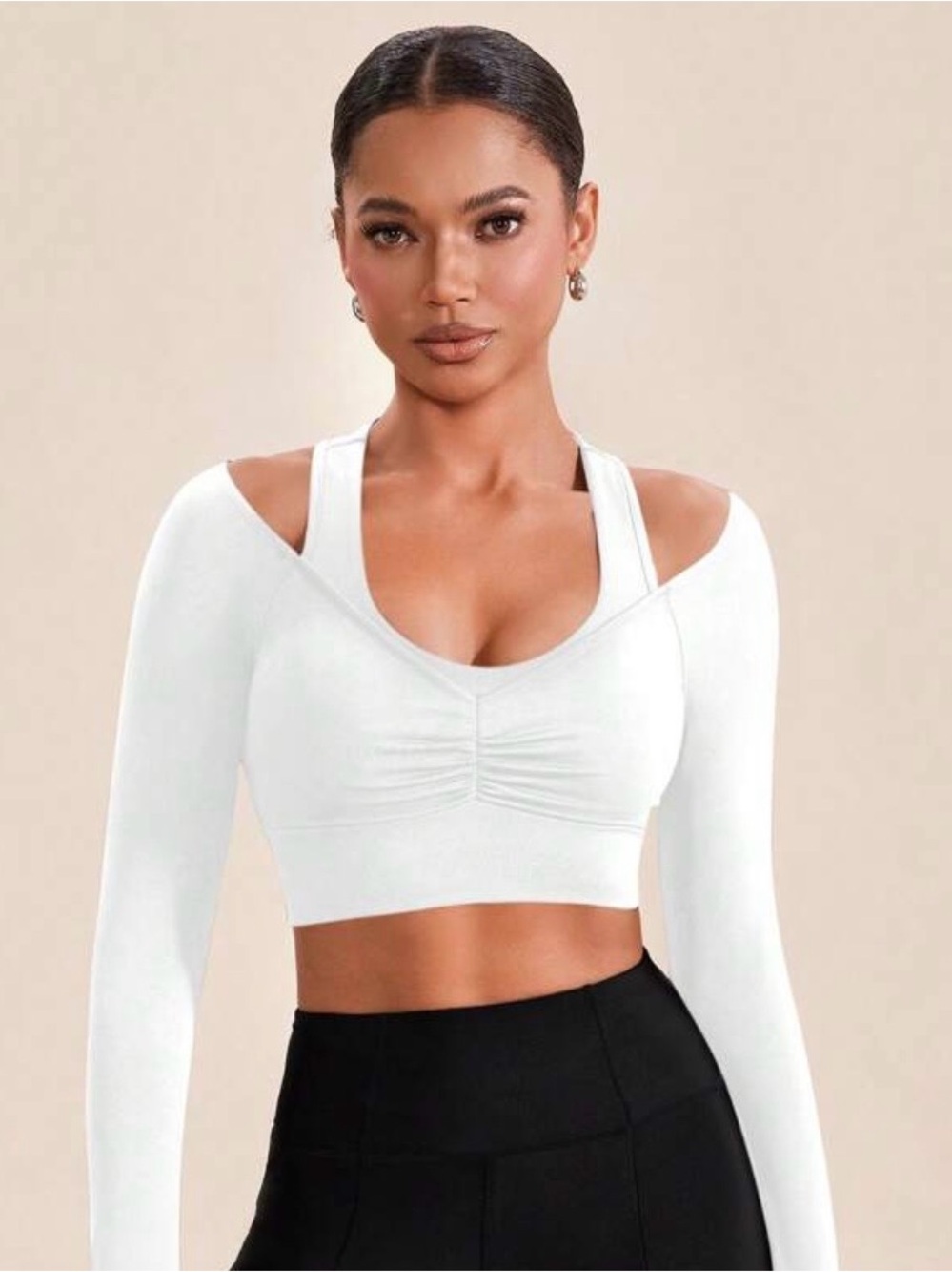 White Long Sleeve Cold-Shoulder Cropped Top